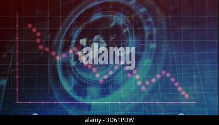 Visualizzazione del globo olografico con anelli HUD sulla griglia virtuale, con tendenza al ribasso punteggiata di rosa Foto Stock