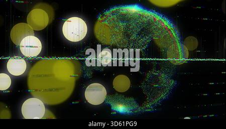 Visualizzazione del globo a nuvola di punti multicolore rotante e riflettente in HUD virtuale, con banda della forma d'onda Foto Stock