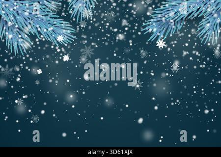 Sfondo invernale realistico. Rami di abete natalizio ghiacciati e sfondo di fiocchi di neve cadenti, cornice per il design di striscioni e poster. Abete botanico Illustrazione Vettoriale