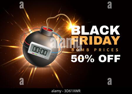 Poster realistico di sconti sulle bombe. Promozione Black Friday. Arma esplosiva con fusibile bruciato e orologio, offerta speciale vacanze. Banner per la promozione di marketing Illustrazione Vettoriale