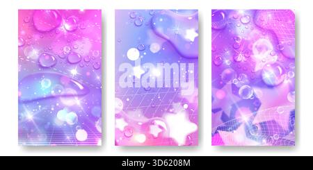 Sfondo anime da sogno y2k. Illustrazione vettoriale realistica di carta da parati sfumata rosa e viola astratta con gocce d'acqua, scintille bokeh, stelle, elementi di design wireframe, poster pastello fantasia Illustrazione Vettoriale