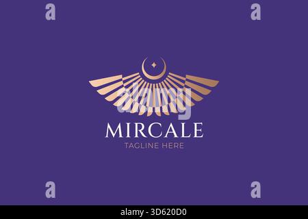 Simbolo astratto della luce della Luna e delle ali con logo Miracle e notte mistica Illustrazione Vettoriale