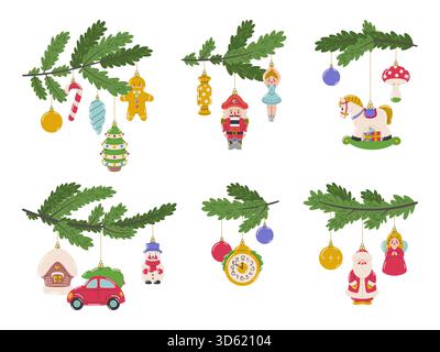 Cartoni animati albero di natale rami con giocattoli. Decorazioni vintage per le vacanze invernali, schiaccianoci, ballerina, pupazzo di neve e palle appese, periodo natalizio Illustrazione Vettoriale