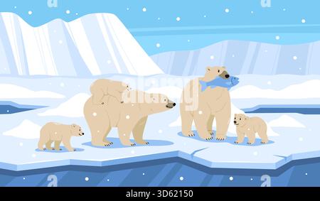 Carina famiglia di orsi polari. Cuccioli divertenti con mamma e papà, grandi animali del nord, fauna artica, camminate invernali sulla neve, volo di iceberg nell'oceano freddo Illustrazione Vettoriale