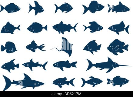 Pesci stencil. Pesci oceanici, squali, batomorfi e pesci d'acquario tropicale. Le specie acquatiche sottomarine isolate formano il set di vettori. Illustrazione Vettoriale