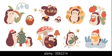 Carino riccio. Animaletto divertente con pose e azioni diverse, vita nella foresta, personaggi adorabili felici, autunno e inverno, cartoni animati in stile piatto Illustrazione Vettoriale
