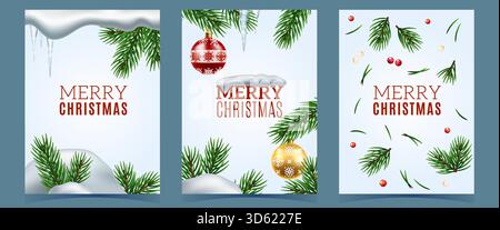 Biglietti di congratulazioni per Natale. Buon Natale e buon anno nuovo poster design. Rami di abeti con giocattoli in vetro appesi e bacca di agrifoglio, neve che cade Illustrazione Vettoriale
