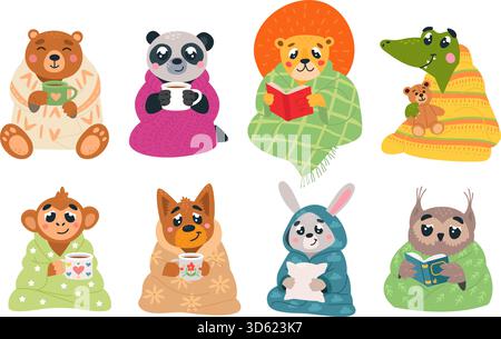 Animali da cartoni animati in coperte. Divertente copertura di animali in una calda e accogliente coperta. Panda con scimmia d'orso, bevande calde, lettura di gufi e leoni, chara vettoriale di classe Illustrazione Vettoriale