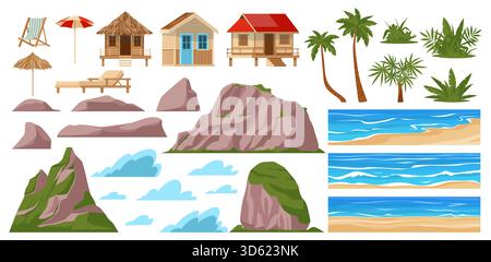 Elementi pianeggianti del paesaggio della spiaggia. Costruttore di vacanze estive al mare, palme tropicali e montagne, bungalow, nuvole, sedie a sdraio. Panorama paradisiaco Illustrazione Vettoriale