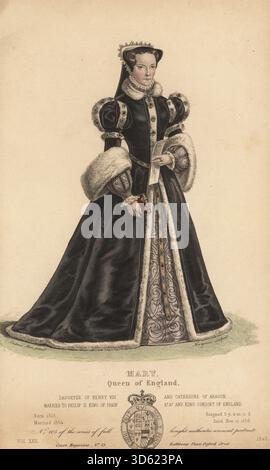 Maria Tudor, Regina d'Inghilterra, 1515-1558. La figlia di Enrico VIII e di Caterina d'Aragona. In un copricapo decorato con perle, abito nero rivestito di pelliccia e gioielli, con un messale di preghiera e lettera, gonna ricamata e cintura gioiellata. Dopo un ritratto di Anthonis Mor. Incisione in rame colorato a mano di Edward Hargrave, n. 105 della serie di ritratti antichi pubblicati su The Court Magazine e Monthly Critic, Lady’s Magazine & Museum, Belle Lettres, musica, Belle Arti, dramma, fashions, Dobbs and Co., Rathbone Place, Londra, XXII, 1842. Foto Stock