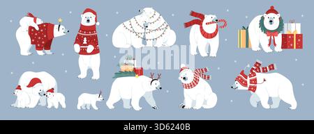Simpatici personaggi dell'orso polare. Grandi e divertenti animali artici con abiti invernali, allegri abiti natalizi, mamma e bambino felici in cappelli, cartoni animati in stile piatto Illustrazione Vettoriale