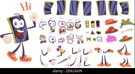 Kit mascotte per smartphone. Creazione di animazioni dei personaggi dei cartoni animati dei telefoni cellulari, simpatico viso gamba braccio mano fumetto smartphone cellulare posa sorriso bocca occhio, icone set di illustrazioni vettoriali di classe grafica originale Illustrazione Vettoriale