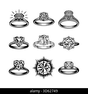 Una griglia di nove distinte illustrazioni in bianco e nero disegnate a mano di vari anelli di innesto diamantati, che mostrano diverse impostazioni e tagli in pietra. Illustrazione Vettoriale