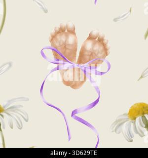 Piedini prematuri legati con fiocco di seta viola e fiori di camomilla. Illustrazione simbolica ad acquerello per la consapevolezza neonatale, World Prematurity Foto Stock