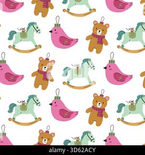Questo vivace design mostra una giocosa disposizione di cavalli a dondolo, uccelli rosa e orsi di peluche con sciarpe, ideale per la stanza dei bambini o per l'arredamento della nursery Illustrazione Vettoriale