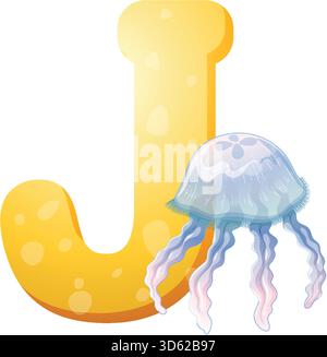 Meduse cartoni animati accanto all'audace lettera J gialla, colori pastello tenui, stile vettoriale pulito Illustrazione Vettoriale