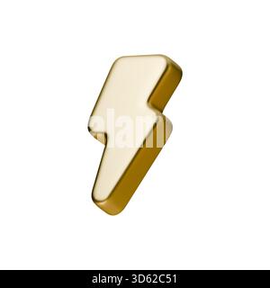 Icona luminosa oro 3D lucido con superficie metallica liscia. simbolo del bullone dorato brillante che mostra energia e potenza. Perfetto per i fulmini elettrici Illustrazione Vettoriale