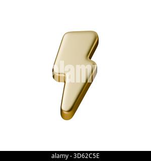 Icona del fulmine oro 3D con finitura metallizzata lucida. Simbolo di un fulmine dorato che mostra potenza ed energia. Perfetto per i tuoni elettrici Illustrazione Vettoriale