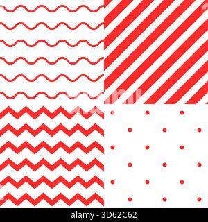 Set di quattro motivi geometrici bianchi e rossi senza cuciture. Onde, strisce, zigzag e punti. Adatto per sfondi, imballaggi, tessuti, branding. Illustrazione Vettoriale