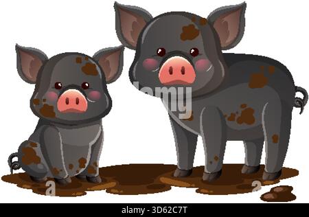 Illustrazione vettoriale in stile cartoni animati di due maialini neri con macchie di fango che si trovano insieme all'esterno Illustrazione Vettoriale