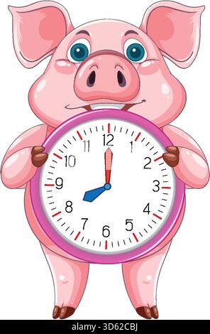 Simpatico maiale cartoni animati rosa in piedi, con orologio analogico colorato, isolato su sfondo bianco. Illustrazione Vettoriale