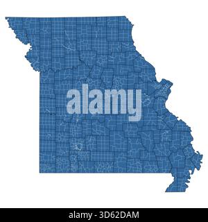 Mappa vettoriale dello stato del Missouri divisa in contee e township Illustrazione Vettoriale