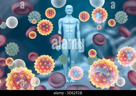 Coronavirus mortale che attacca il corpo umano. illustrazione 3d. Foto Stock