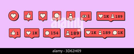 Elementi e notifiche dell'interfaccia dei social media con pulsanti mi piace, commento, follower e visualizzazione in stile pop-up per l'interfaccia utente mobile o Web. Stile piatto Illustrazione Vettoriale
