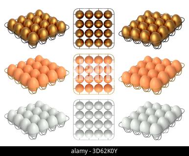 Vassoi in metallo riempiti con uova marroni, bianche e dorate impilate, isolati su sfondo bianco trasparente. Foto Stock