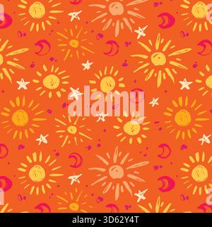 Modello disegnato a mano con Sole, Luna e stelle in colori caldi brillanti. Elementi cosmici con texture grunge. Sfondo astratto. Sfondo perfetto Illustrazione Vettoriale