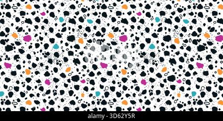 Modello a doodle con punti e macchie multicolore. Cerchi di inchiostro colorati disegnati a mano con texture retrò disordinata. Asciugare le pennellate. Vivace, divertente e senza interruzioni Illustrazione Vettoriale