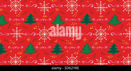 Modello disegnato a mano con alberi di Natale, fiocchi di neve e ornamenti calligrafici. Sfondo per le vacanze invernali con una texture divertente. Doodle natalizio Illustrazione Vettoriale