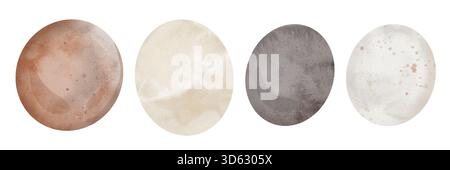 Set di cerchi ad acquerello. Disattiva toni cerchi di pittura ad acquerello isolati. Abstract watercolor grigio, beige e forme circolari rosse su sfondo bianco Foto Stock