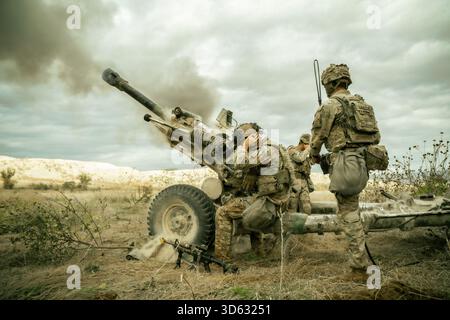 I paracadutisti dell'esercito statunitense assegnati al 4th Battalion, 319th Airborne Field Artillery Regiment, 173rd Airborne Brigade, effettuano esercitazioni di fuoco dal vivo con Foto Stock