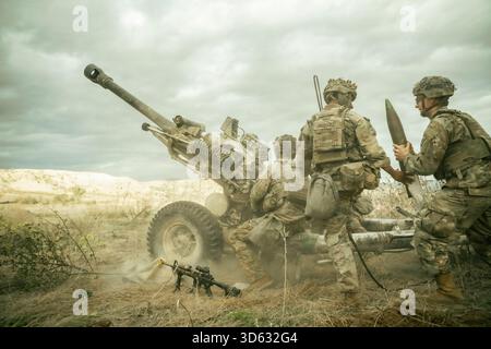 I paracadutisti dell'esercito statunitense assegnati al 4th Battalion, 319th Airborne Field Artillery Regiment, 173rd Airborne Brigade, effettuano esercitazioni di fuoco dal vivo con Foto Stock