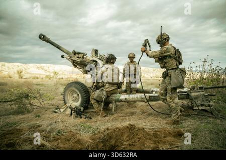 I paracadutisti dell'esercito statunitense assegnati al 4th Battalion, 319th Airborne Field Artillery Regiment, 173rd Airborne Brigade, effettuano esercitazioni di fuoco dal vivo con Foto Stock