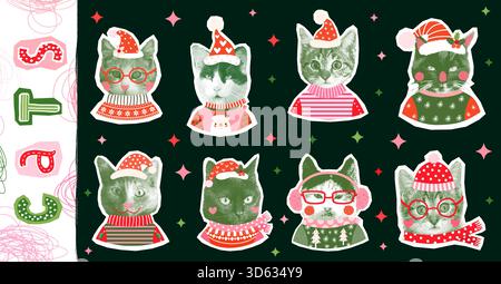 Collage di gatto vettoriale natalizio, simpatici volti di gatto con maglioni e sciarpa brutti per il design grafico delle feste e poster Illustrazione Vettoriale