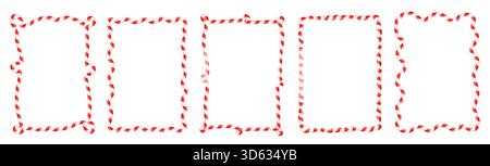 Bordi ondulati di canna da zucchero vettoriale in rosso e bianco, fantasiose cornici rettangolari natalizie per il design della confezione Illustrazione Vettoriale