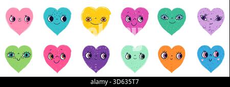 Set vettoriale colorato con graziosi volti a forma di cuore con occhi e bocca, personaggi divertenti Illustrazione Vettoriale