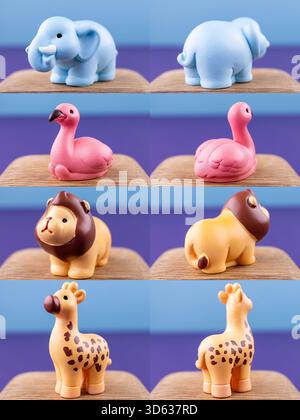 Primo piano di piccole e graziose statuine di animali africani, elefante, fenicottero, leone e giraffa, poste su un podio di legno Foto Stock