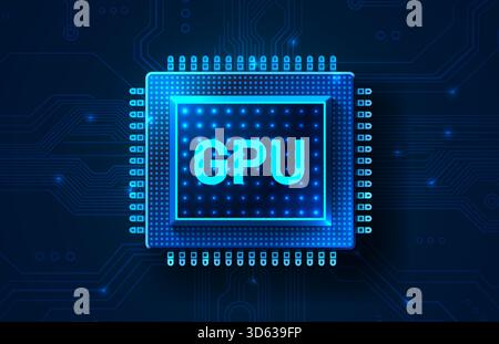 Chip GPU luminoso su uno sfondo futuristico di una scheda a circuito stampato, simbolo di computing avanzato e innovazione. Illustrazione vettoriale Illustrazione Vettoriale