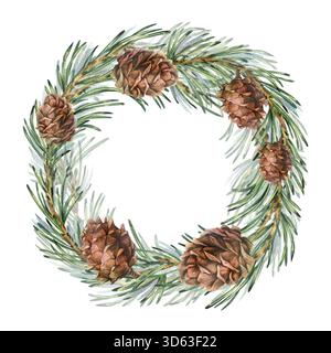 Una corona natalizia di rami di pino verde e coni marroni. Illustrazione ad acquerello disegnata a mano. Una cornice riccia, un modello di testo e un Capodanno invernale Foto Stock