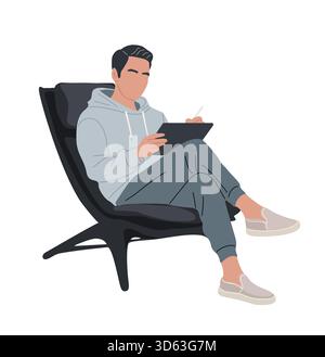 Uomo seduto in poltrona, che lavora su un tablet digitale Illustrazione Vettoriale