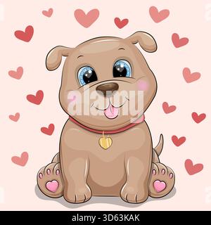 Carino cartone animato Puppy con cuori. Illustrazione vettoriale dell'animale su sfondo rosso chiaro con cuori. Illustrazione Vettoriale