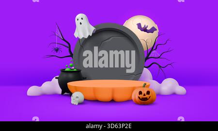 Sfondo di Halloween. simpatica zucca 3d, candela per feste e palco, podio vuoto con lanterne di ottobre. Divertente tema pipistrello. Banner di presentazione del prodotto. Rendering di elementi cartoon 3d isolati. Elementi vettoriali Illustrazione Vettoriale