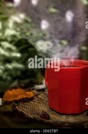 Tazza di caffè autunnale con fiori di bacche di boccale rosso e foglie autunnali sullo sfondo accogliente Foto Stock