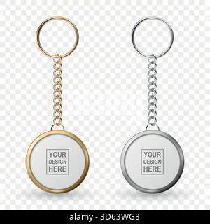 Set Vector 3d realistico Metal Keychain Mockup in oro e argento. Portachiavi rotondo in metallo vuoto per Branding, design souvenir, modello logo, regalo Illustrazione Vettoriale
