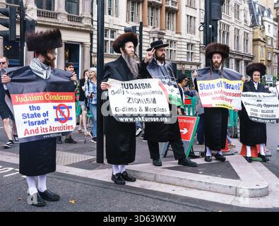 Ebrei ortodossi a sostegno di Gaza; manifesto che evidenzia la differenza tra ebraismo e sionismo. Protesta contro le atrocità compiute da Israele Foto Stock