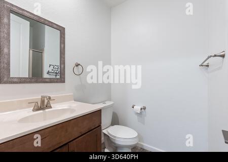 elegante design compatto per toilette, toilette compatta pronta per l'ospite con piastrelle e finiture in legno Foto Stock
