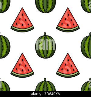 Motivo vettoriale senza cuciture con angurie intere e affettate con polpa rossa vivace e croste a righe verdi. Illustrazione Vettoriale